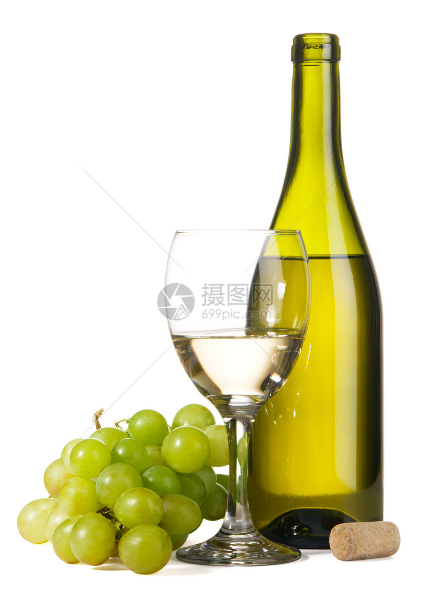 白酒和葡萄的瓶子白色玻璃绿色饮料藤蔓食物静物甜点酒杯高脚杯图片