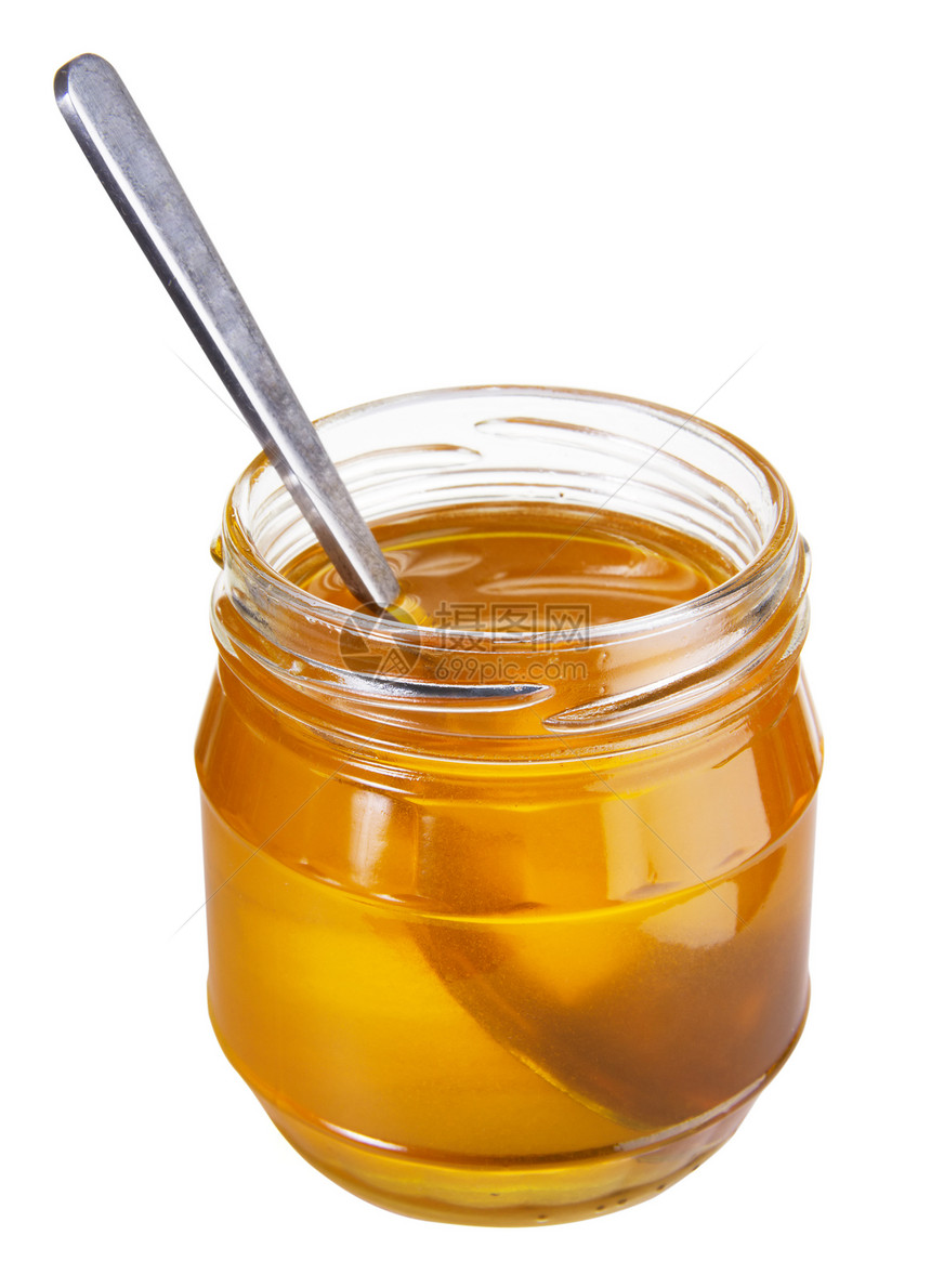 蜂蜜罐食物白色蜂蜜玻璃黄色花蜜美食营养产品勺子图片