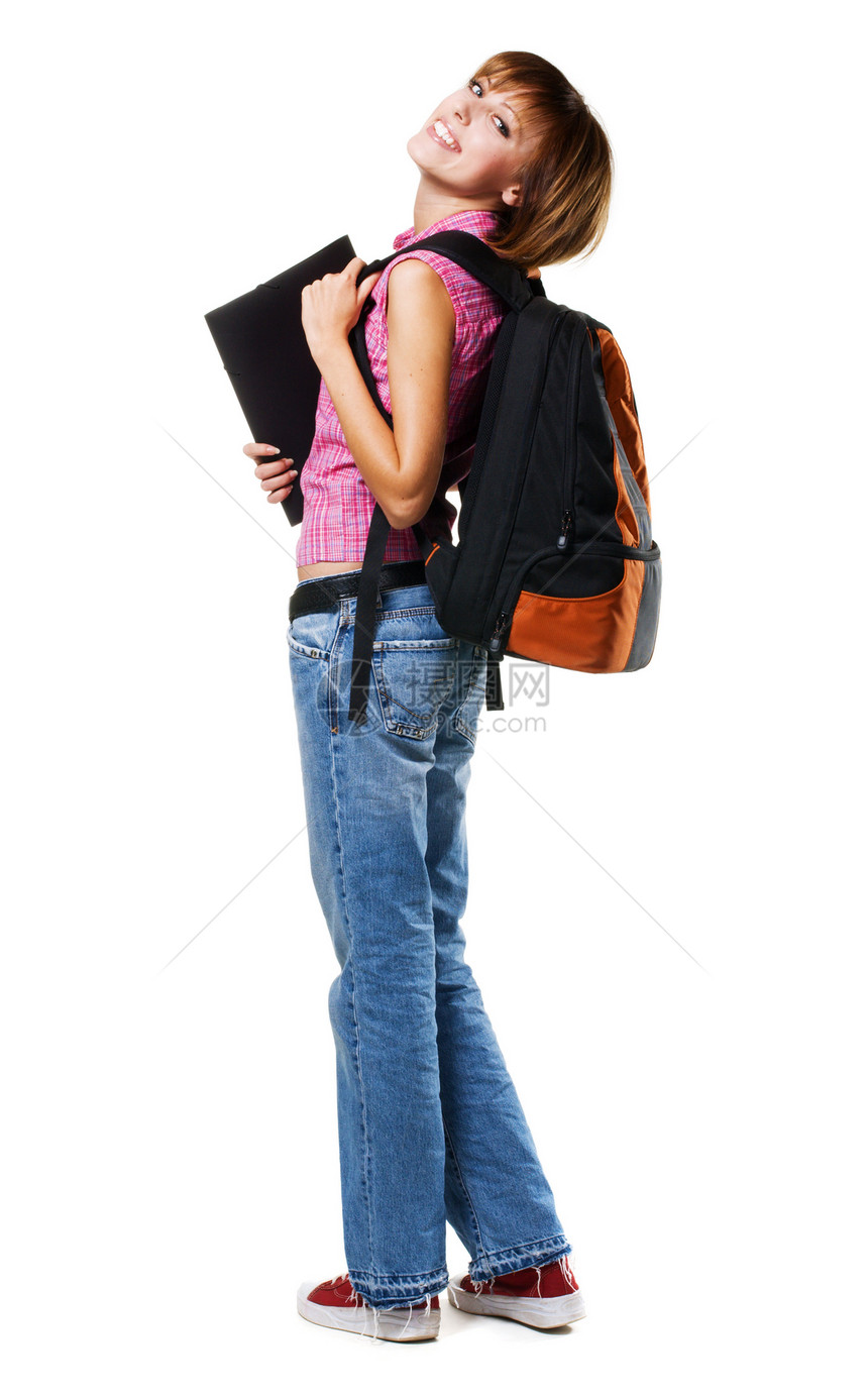 可爱的女学生笔记本学校微笑学习办公室工作商业女孩青年背包图片