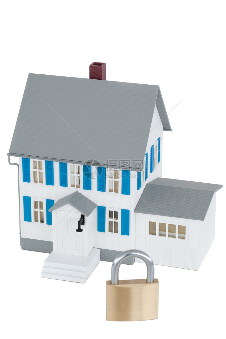 白色背景的有保障灰色屋房子大厦玩具安全插图财产挂锁窗户金属烟囱图片