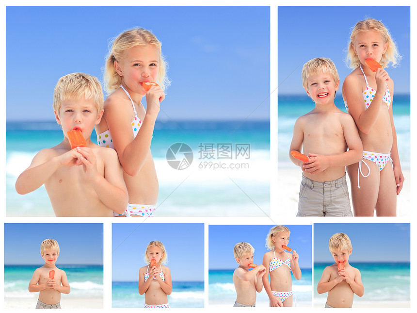 儿童在海滩上吃冰淇淋的聚在一起图片