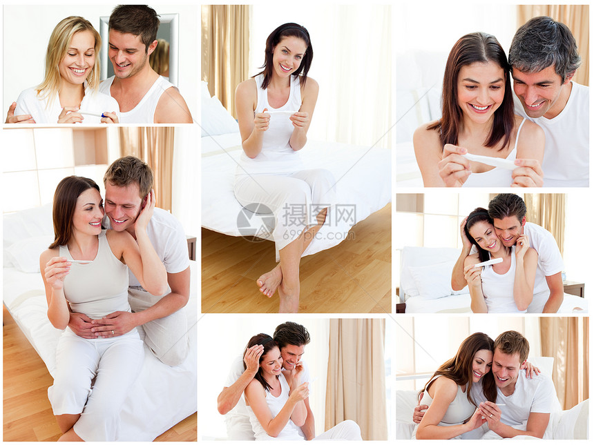 怀孕测试结果呈阳性后拥抱的夫妇聚在一起图片