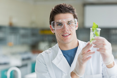 教育性的学生们站在实验室里 拿着鲜苗的烧烤瓶背景