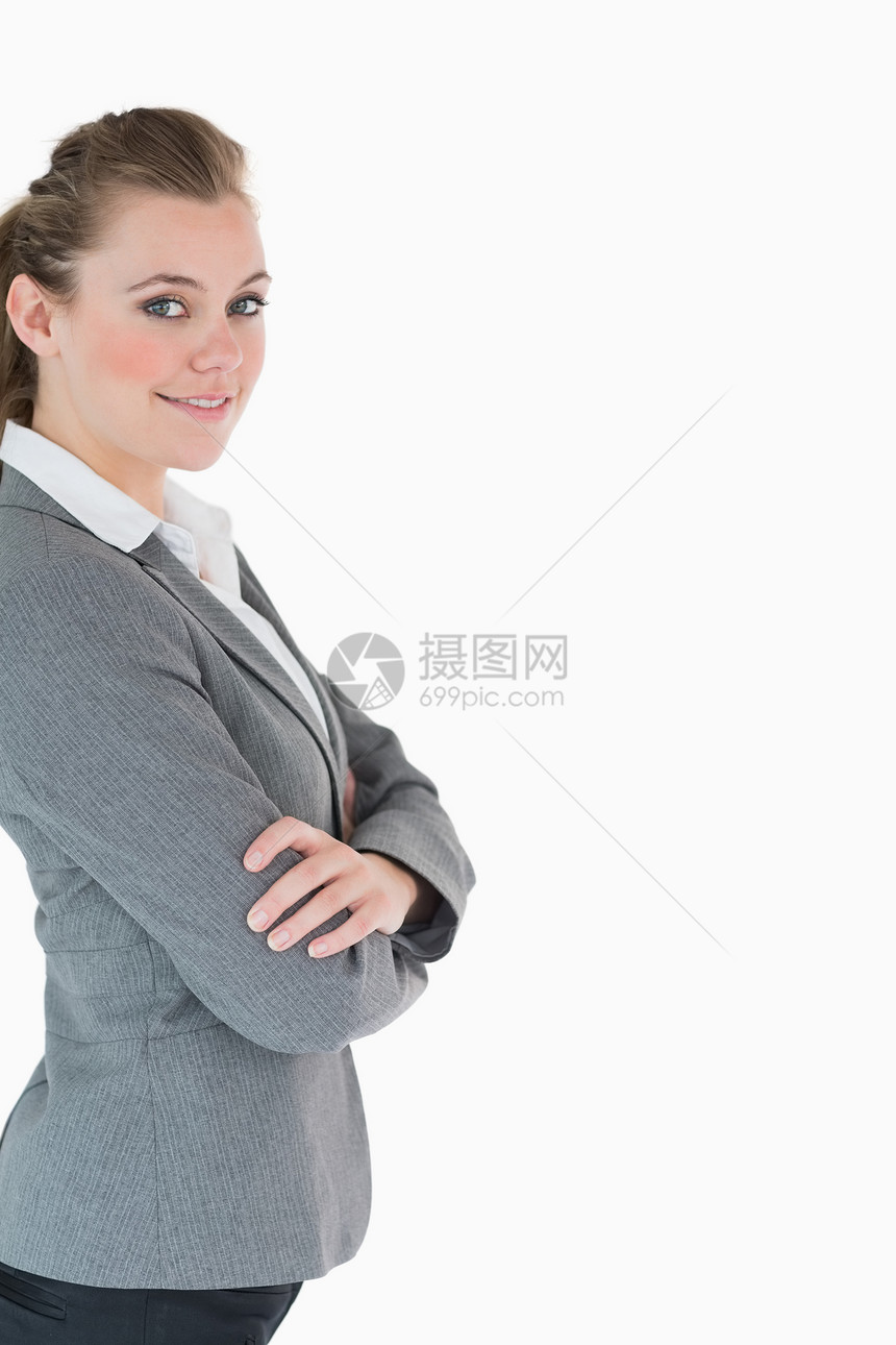 微笑的女商务人士浅色双臂套装女士衬衫商务生意人金发金发女郎夹克图片