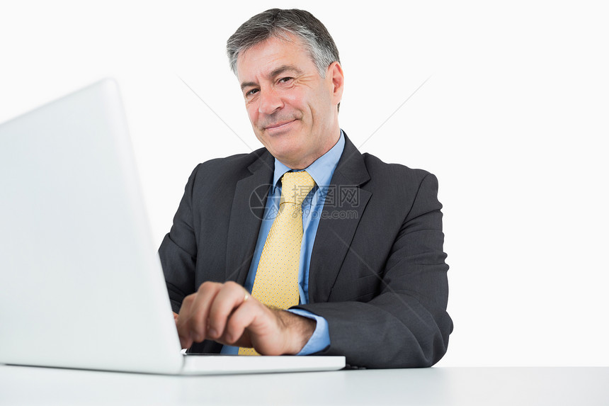 使用笔记本电脑的微笑者领带衬衫套装男性生意人头发专注商务技术桌子图片