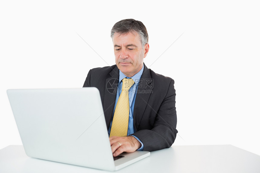 男人在笔记本电脑上写字桌子男性商务专注领带头发管理人员套装夹克生意人图片