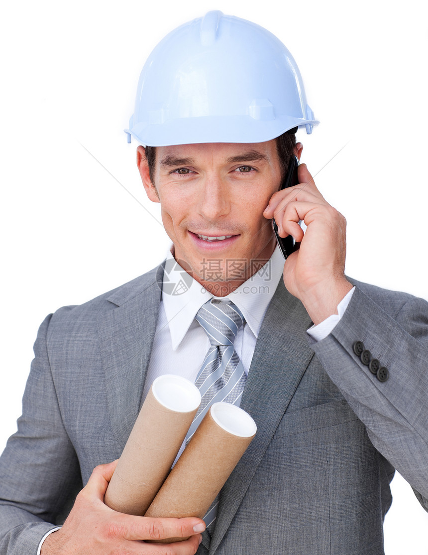 电话上迷人的男性建筑师建筑学建筑通讯建设者构造安全帽套装安全工人商业图片