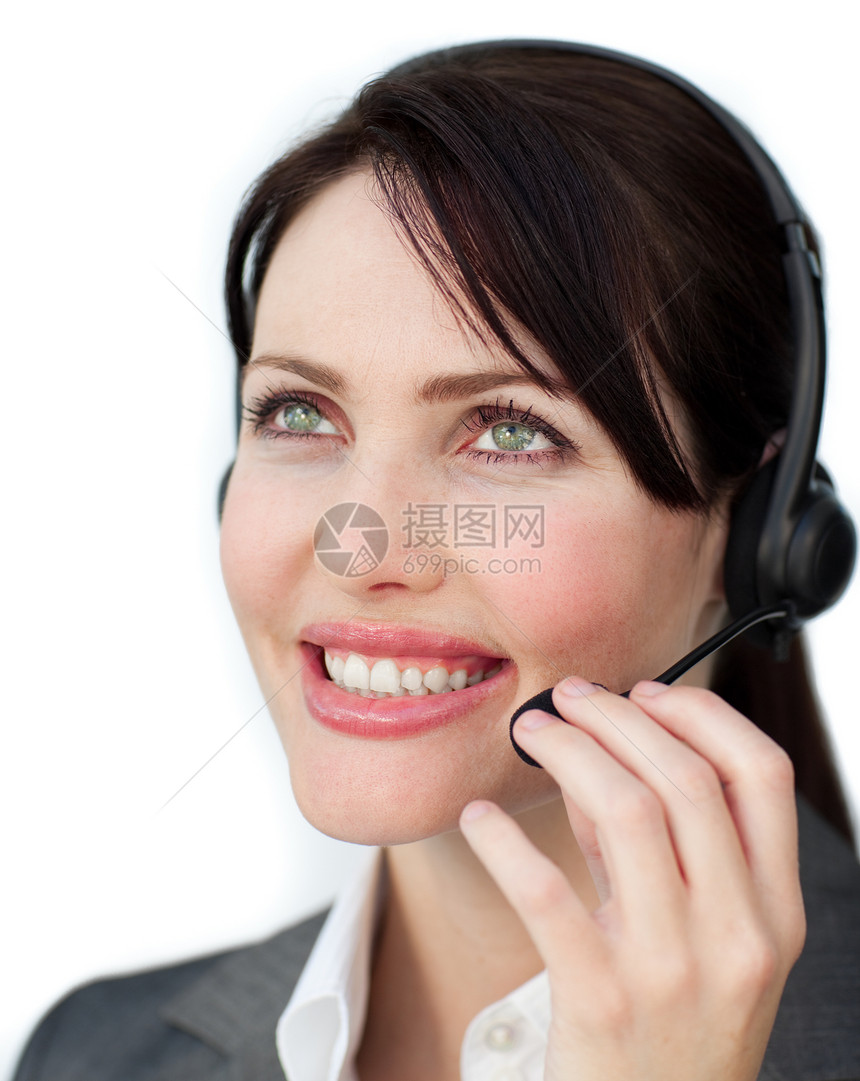 使用耳机的积极客户服务代理商代理人女性帮助顾问工作求助商业电话女士热线图片