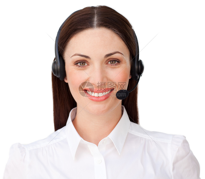 戴头盔的青年客户服务代理女士耳机帮助代理人办公室销售量助手热线人士秘书图片