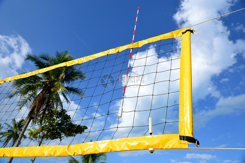 海滩排球网乐趣截击运动沙滩游戏椰子水平蓝色天空晴天图片