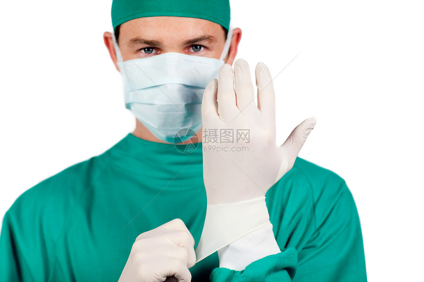 身戴外科手套的魅力外科医生男人从业者职业保健情况卫生手术乳胶面具诊所图片