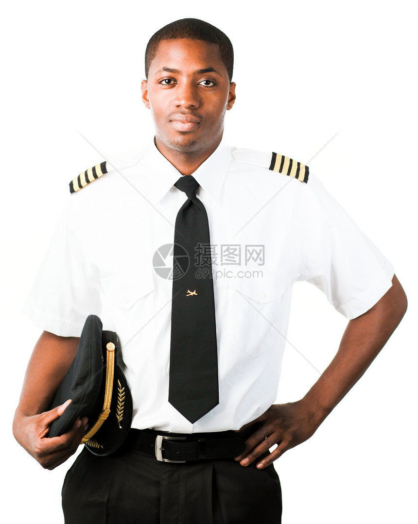 孤立在白色上的年轻飞行员男人空气旅行力量飞机胡须帽子队长工作人员图片