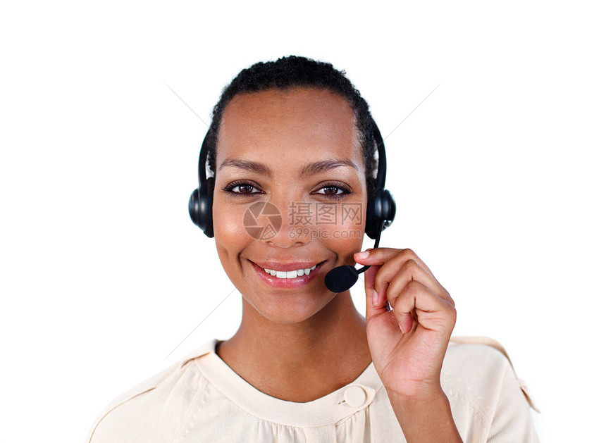 微笑的客户服务代表 戴耳头贴顾问顾客女性助手电话帮助商业销售量商务服务台图片