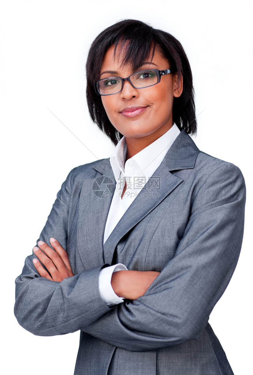 戴眼镜的自信女商务人士眼镜蓝色眼睛快乐青年商业肤色女孩人士商务图片