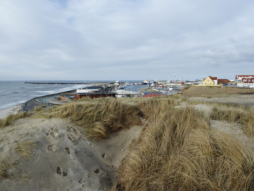 丹麦北部的海岸线 房屋和云雾天空沿海村庄风景农村市政港口海岸植物避风港植物群图片
