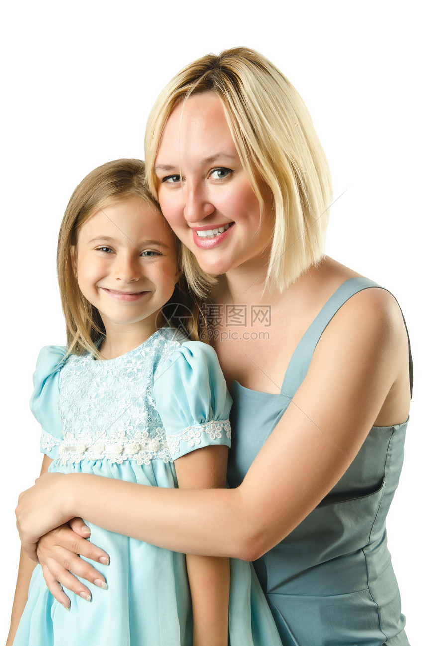 母亲与女儿在白边被孤立女性母性拥抱微笑妈妈父母孩子幸福女士家庭图片
