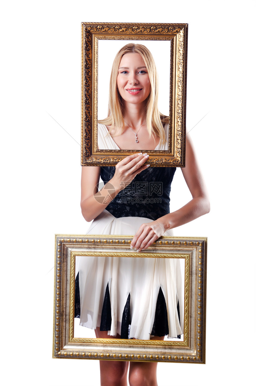白色有图片框的女人Name工作室艺术古董金子乐趣快乐女性女士女孩木头图片