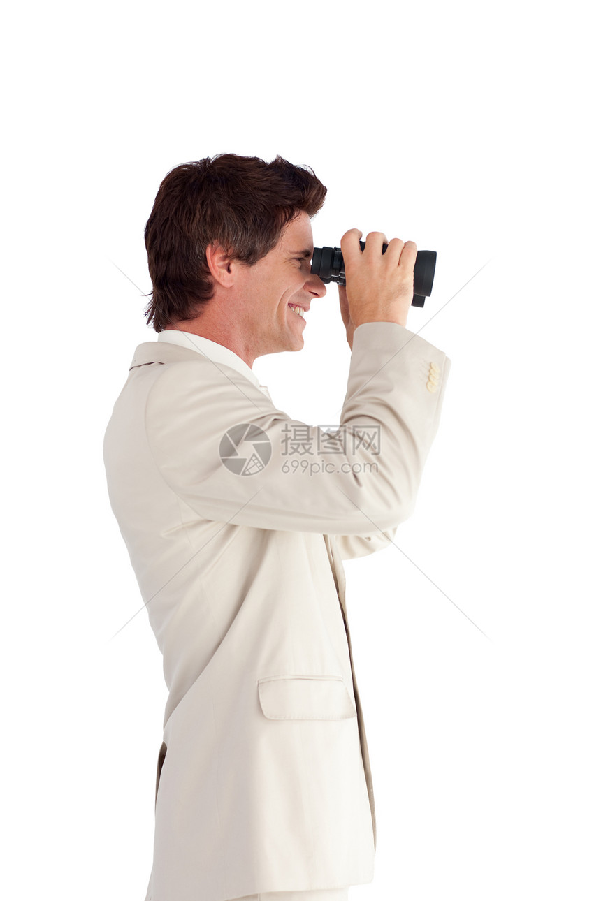 持双筒望远镜的自信商务人士男人商业空白公司男性概念专注商务人士套装图片