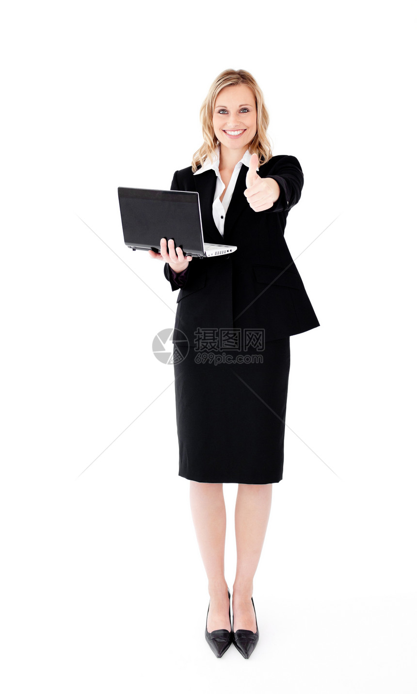 拥有膝上型电脑的女商务人士女性魅力商业白色微笑管理人员自信工人笔记本衣领图片