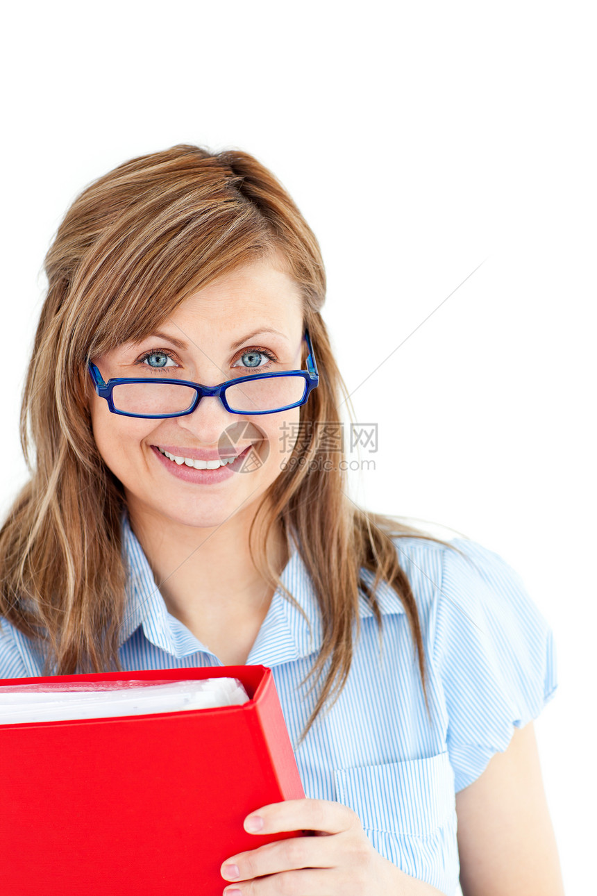 持有红色文件夹的受人尊敬的caucasian商业女商务人士图片