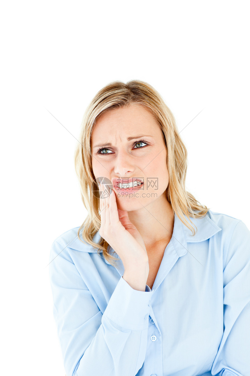 有牙痛的被开除商业妇女疾病人士牙疼女性医疗保健商务公司医疗病态白色图片