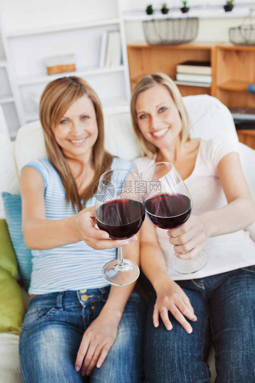 两个在沙发上 举着葡萄酒杯的聪明女人图片