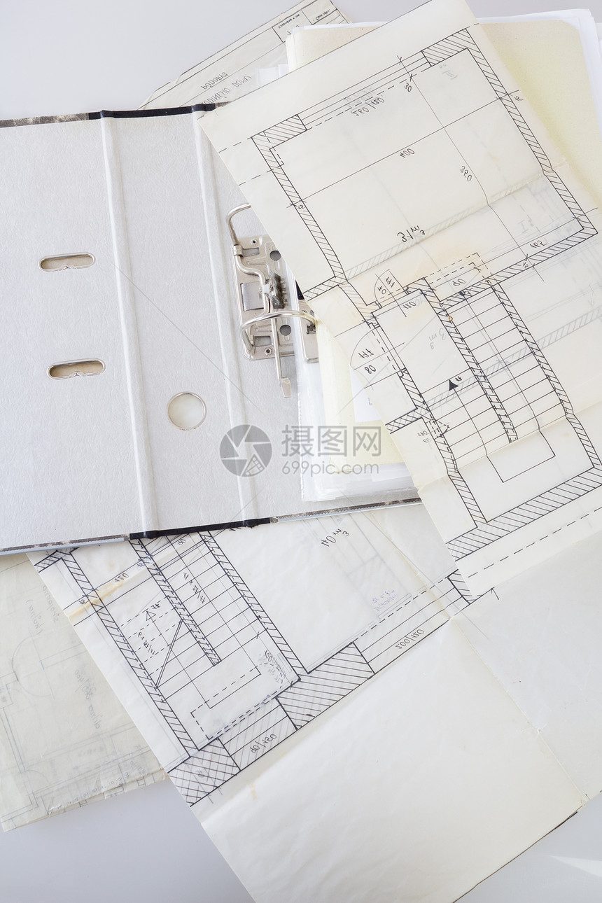 旧纸和项目档案的建筑设计图工程材料设计师插图工作建筑学工具绘画技术地面办公室建造图片