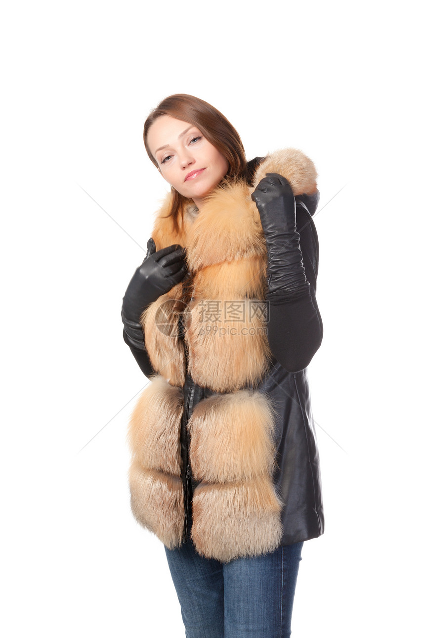 冬天时的时尚女郎女性外套黑发衣服微笑美丽魅力毛皮天气手套图片