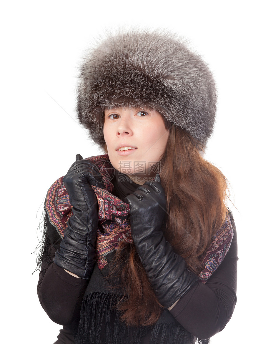 穿冬装的活泼女人季节美丽衣服手套工作室天气女性帽子魅力毛皮图片