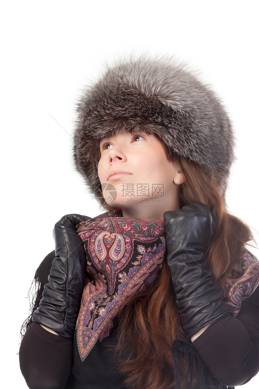 冬天装扮的优雅女人季节毛皮皮革手套工作室女士棕色女性魅力服装图片