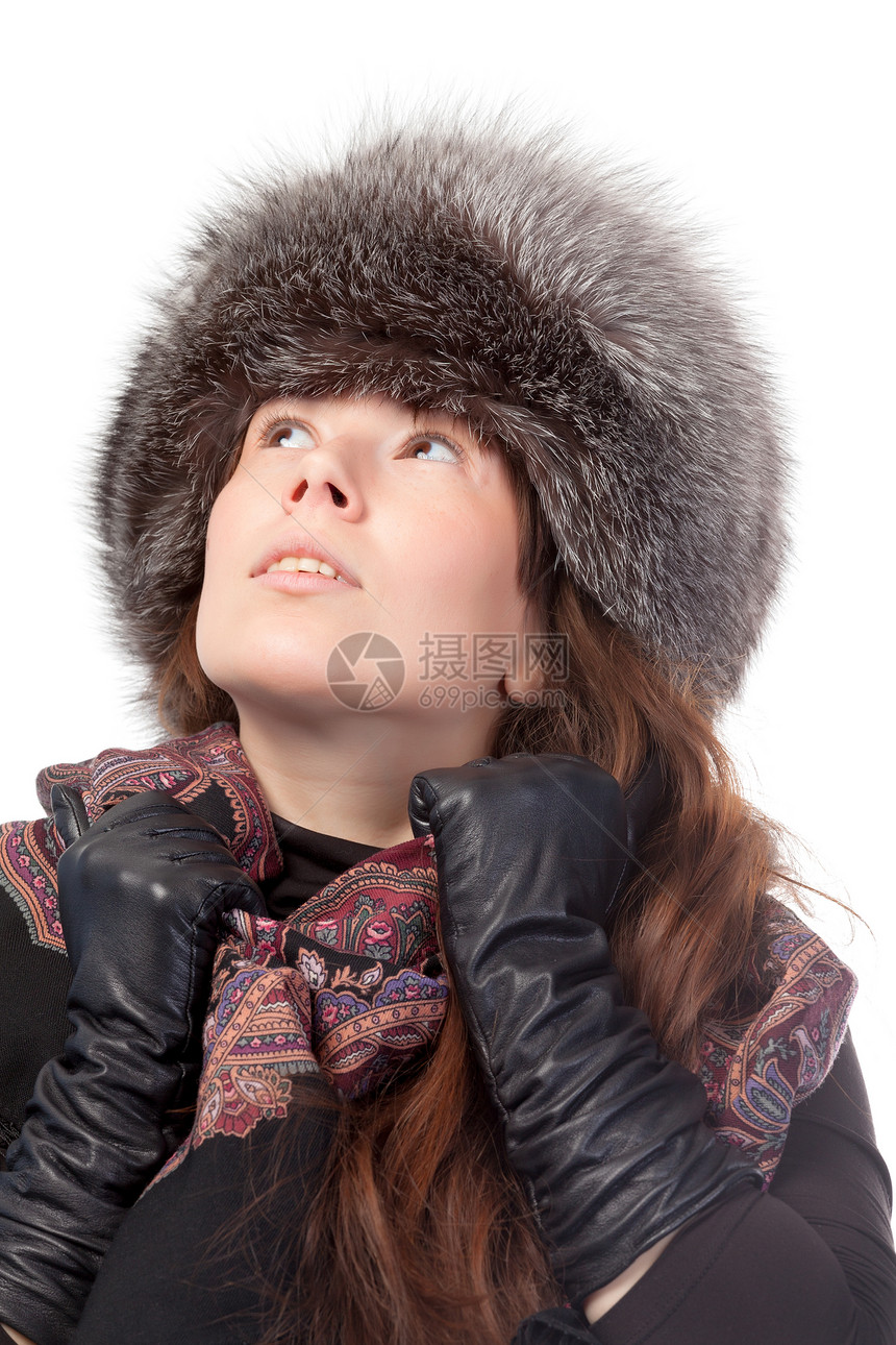 冬天装扮的优雅女人工作室服装奢华女性天气季节棕色帽子女士毛皮图片