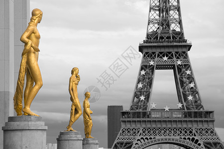 特罗卡德罗花园 法国巴黎金属雕像文化金子黑白旅游黑色旅行白色背景图片