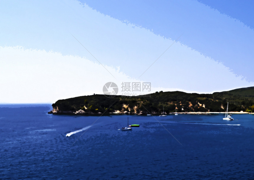 带木柴的海滨血管爬坡海景阳光国家太阳蓝色风景岛屿房子图片