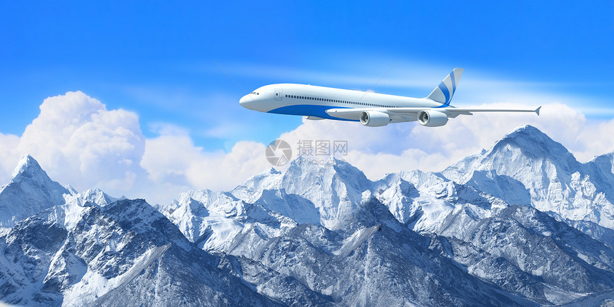 高山上空的白色客机蓝色阳光奢华旅游航班机身晴天假期天线航空图片
