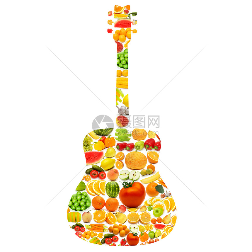 由各种水果和蔬菜制成的硅板音乐收藏西瓜黄瓜乐器杏子拼贴画橙子棒子吉他图片