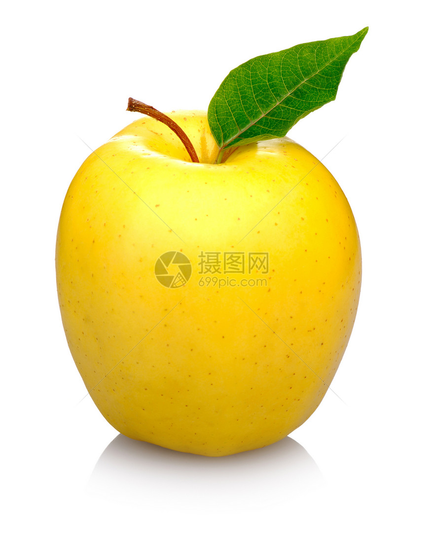 黄苹果黄色水果活力小吃食物反射白色阴影叶子图片