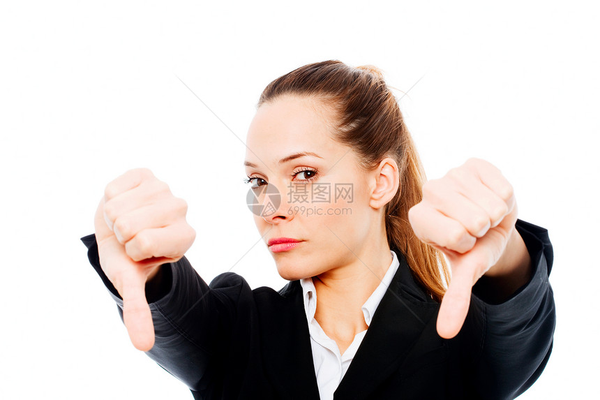 白人背景工作室中手拇指低落的重度商业女商务人士人士女性手指工作成人棕色头发手势员工年轻人图片