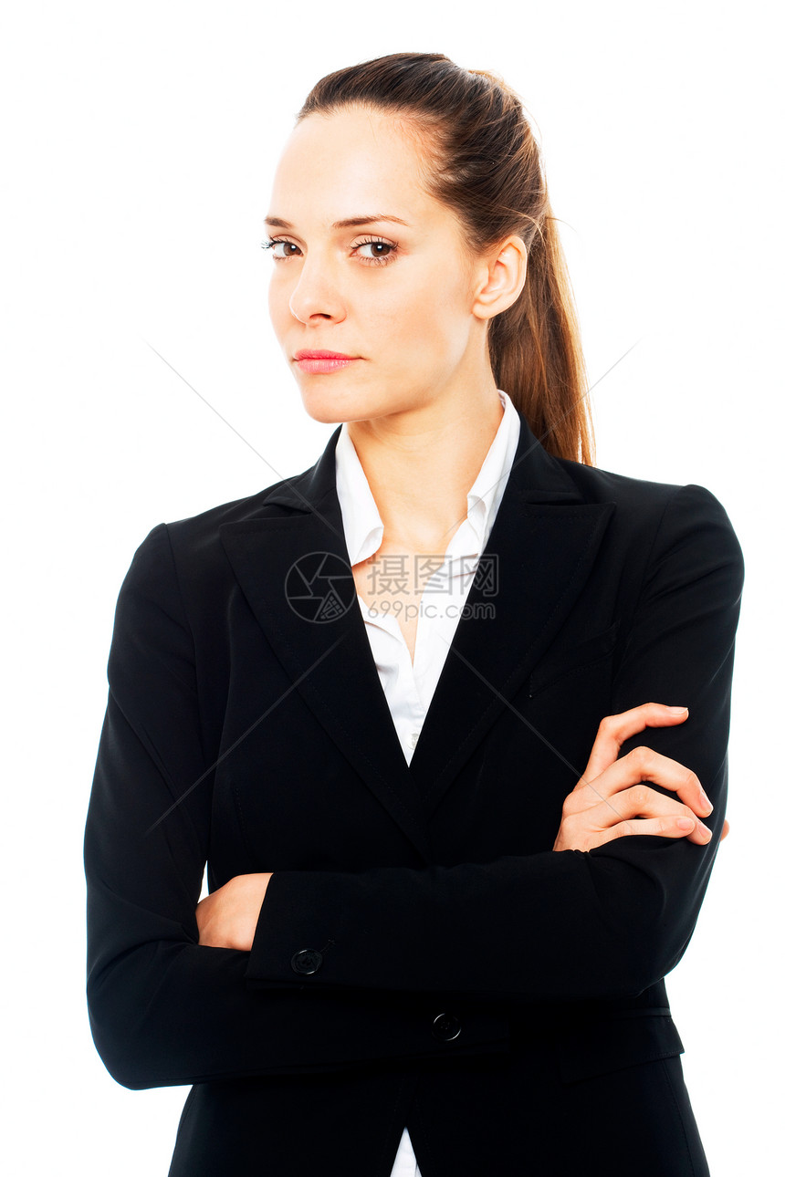 严重商业妇女 手持白背景大本营交叉的双臂人士棕色雇员女性长发头发样子员工女士商务图片