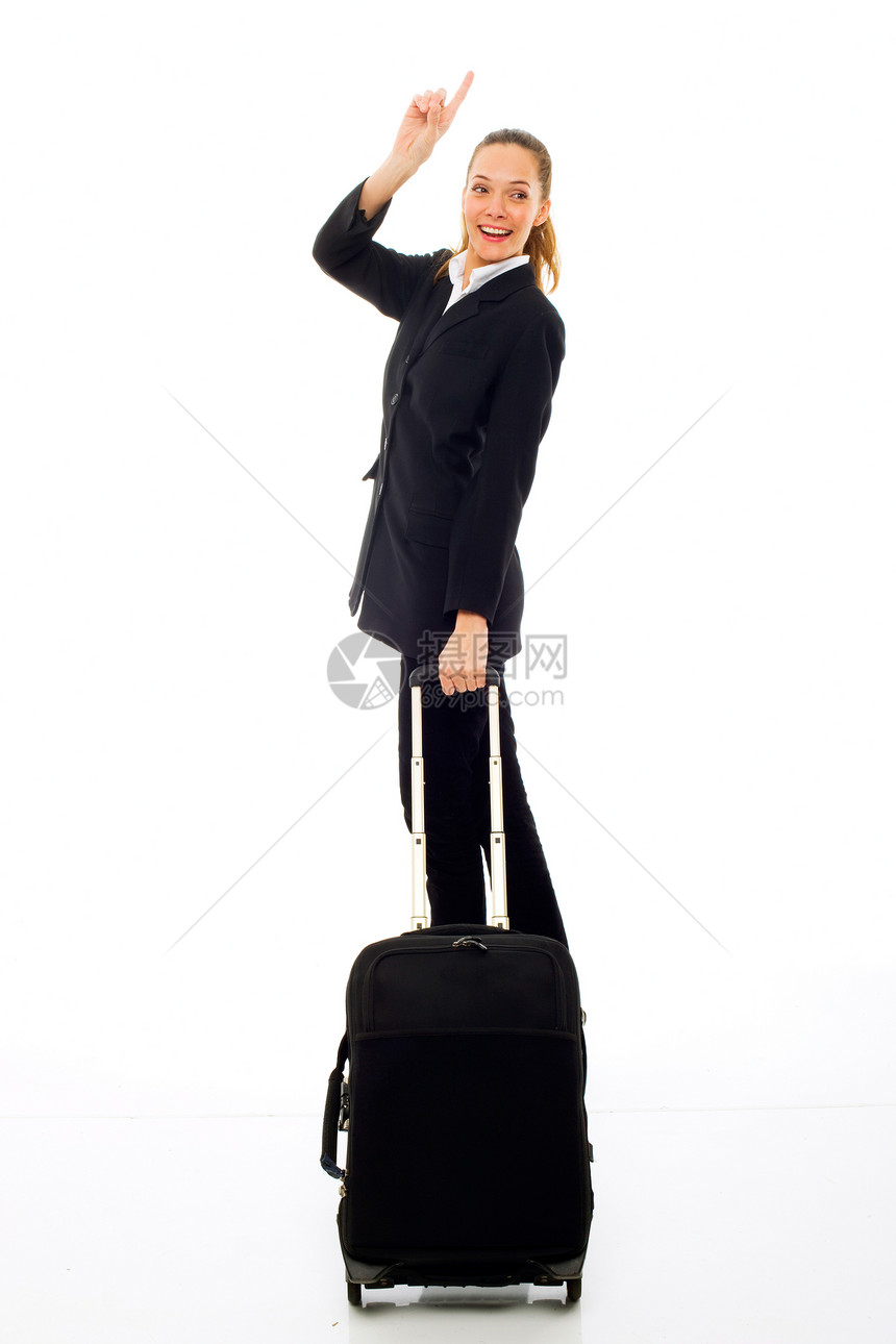 白人背景演播室有电车的年轻商业女青年棕色长发手势员工行李雇员人士女性成人年轻人图片