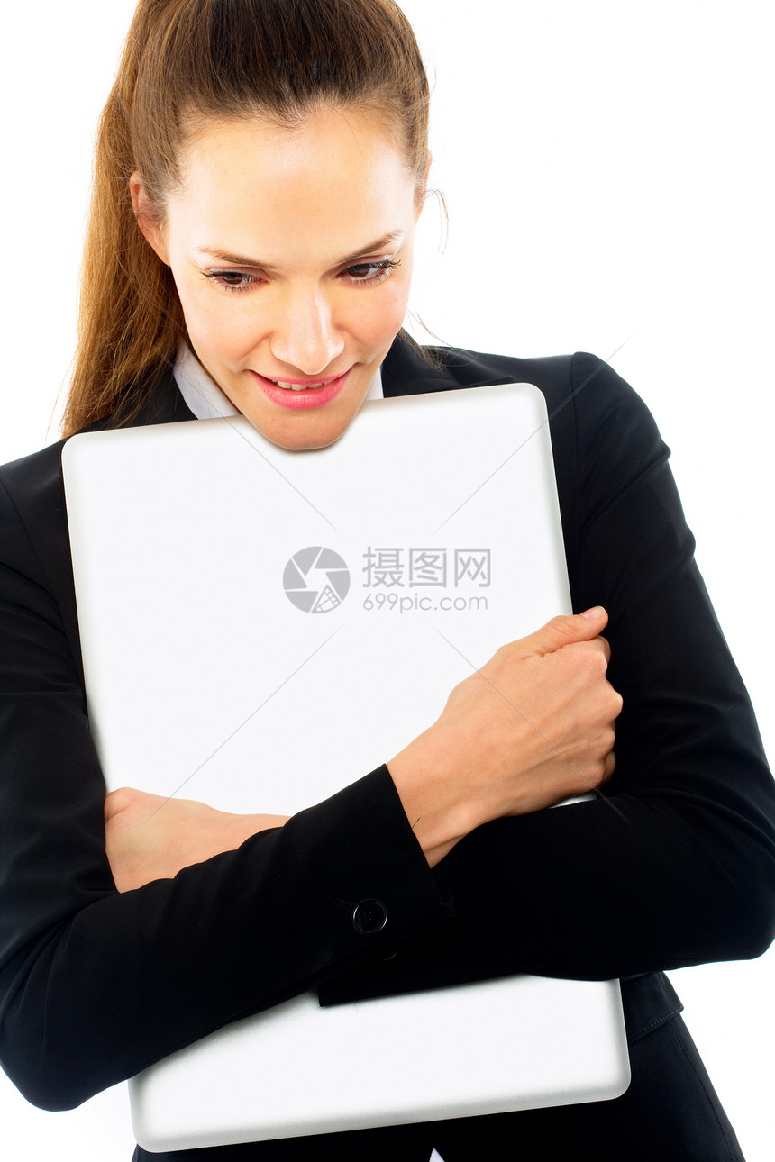 手持笔记本电脑的年轻女商务人士 在白色背景布告上员工成人女性年轻人工具技术头发雇员职业装信息技术图片
