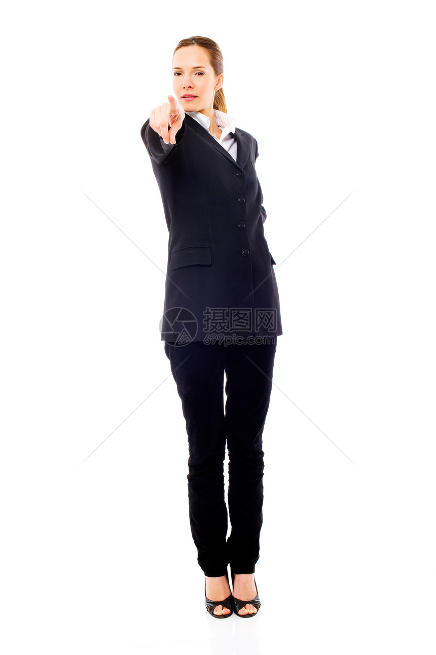 青年女商务人士站在她的手旁 用白b表示商业人士员工成人雇员女子长发头发年轻人手势图片