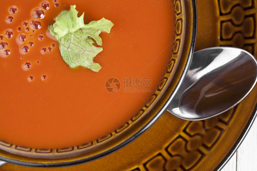 番茄汤碗食物素食课程草本植物健康饮食美食鸡汤午餐勺子美味图片