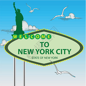 站在纽约市纪念碑摊位天空邀请函令牌海鸥雕像横幅数字插画