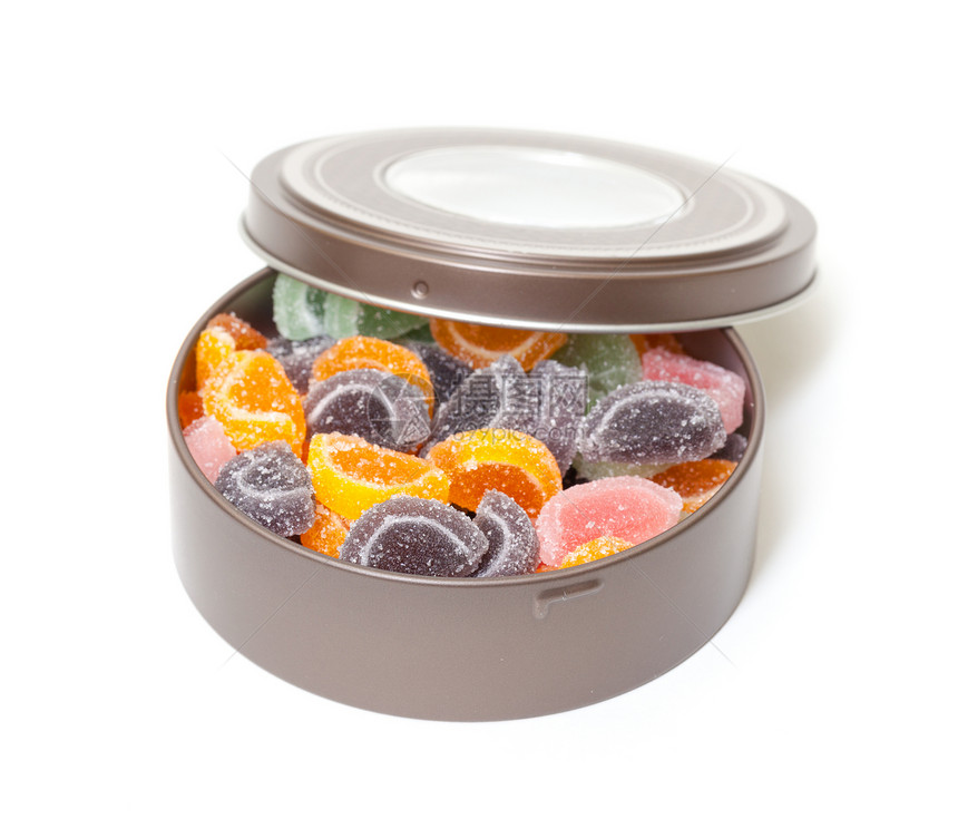 锡罐罐装多彩的果冻糖果甜点童年绿色白色橙子水晶活力团体圆形红色图片