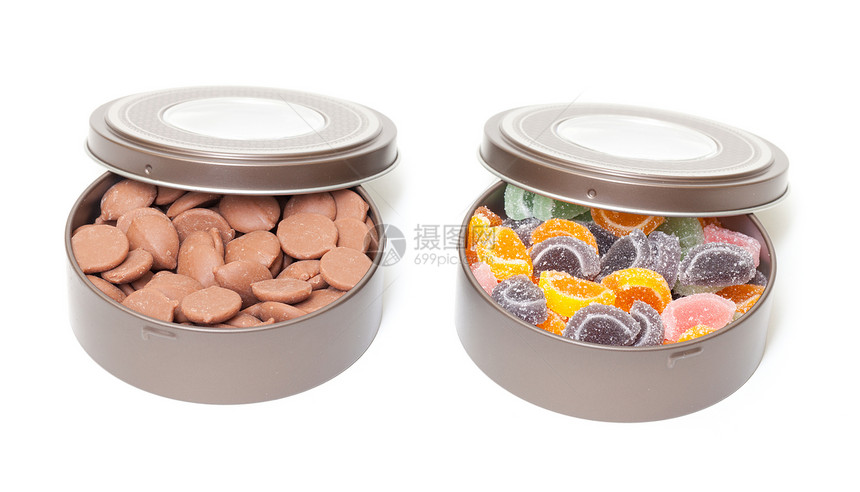 罐装罐头中多彩的果冻和巧克力糖果绿色黄色活力水果白色童年红色食物团体圆形图片