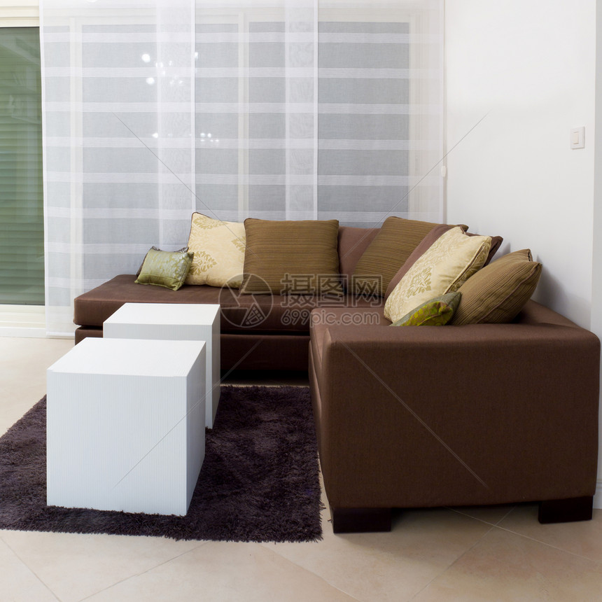 内部设计公寓地毯家庭生活客厅枕头木头大厦家具照明风格图片