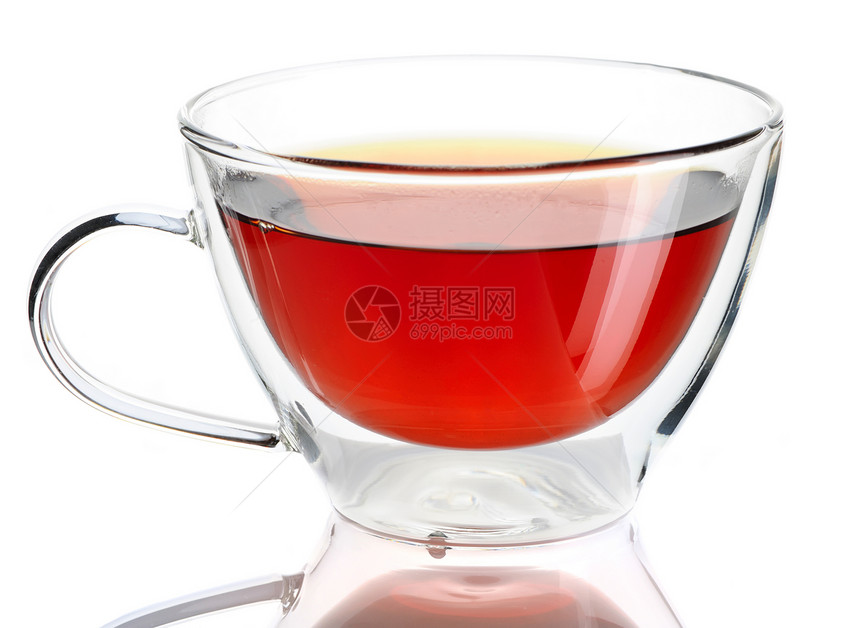 热茶叶子白色饮料液体反射草本玻璃黄色餐具杯子图片