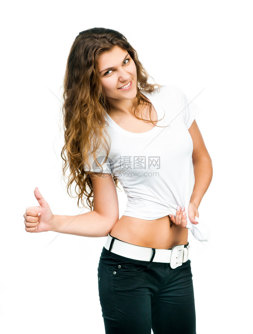 穿白衬衫的漂亮女孩牛仔裤棉布青年衣服金发工作室女性女士冒充衬衫图片