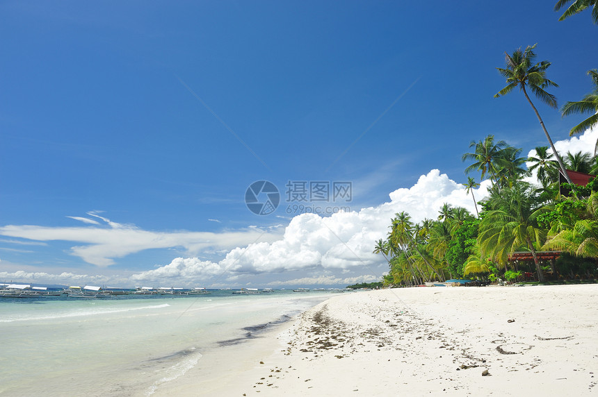 美丽的海滩边缘蓝色荒野海浪棕榈地平线热带海景天空旅行图片