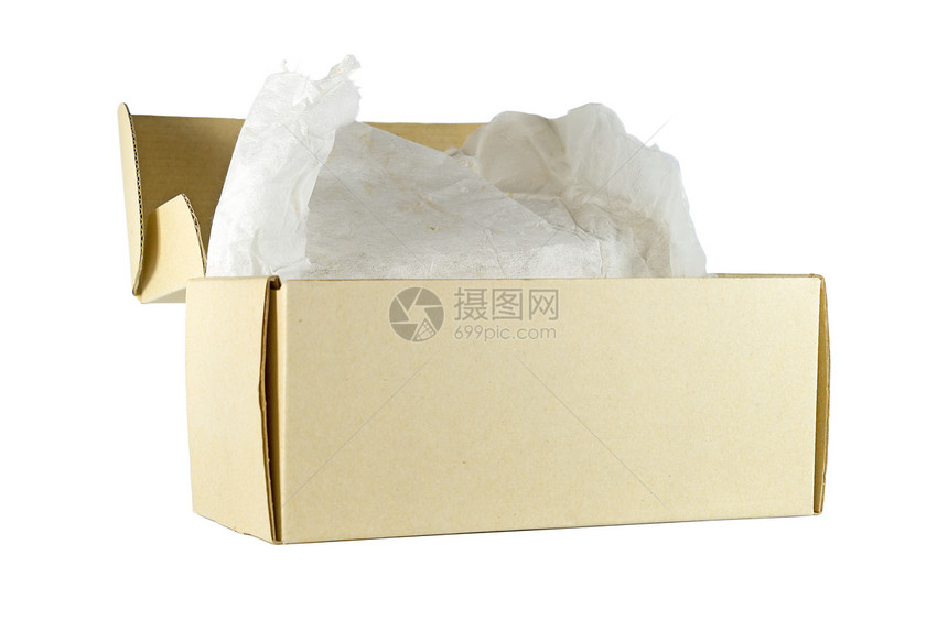 白色背景的纸板框棕色空白回收盒子贮存展示瓦楞礼物办公室商业图片